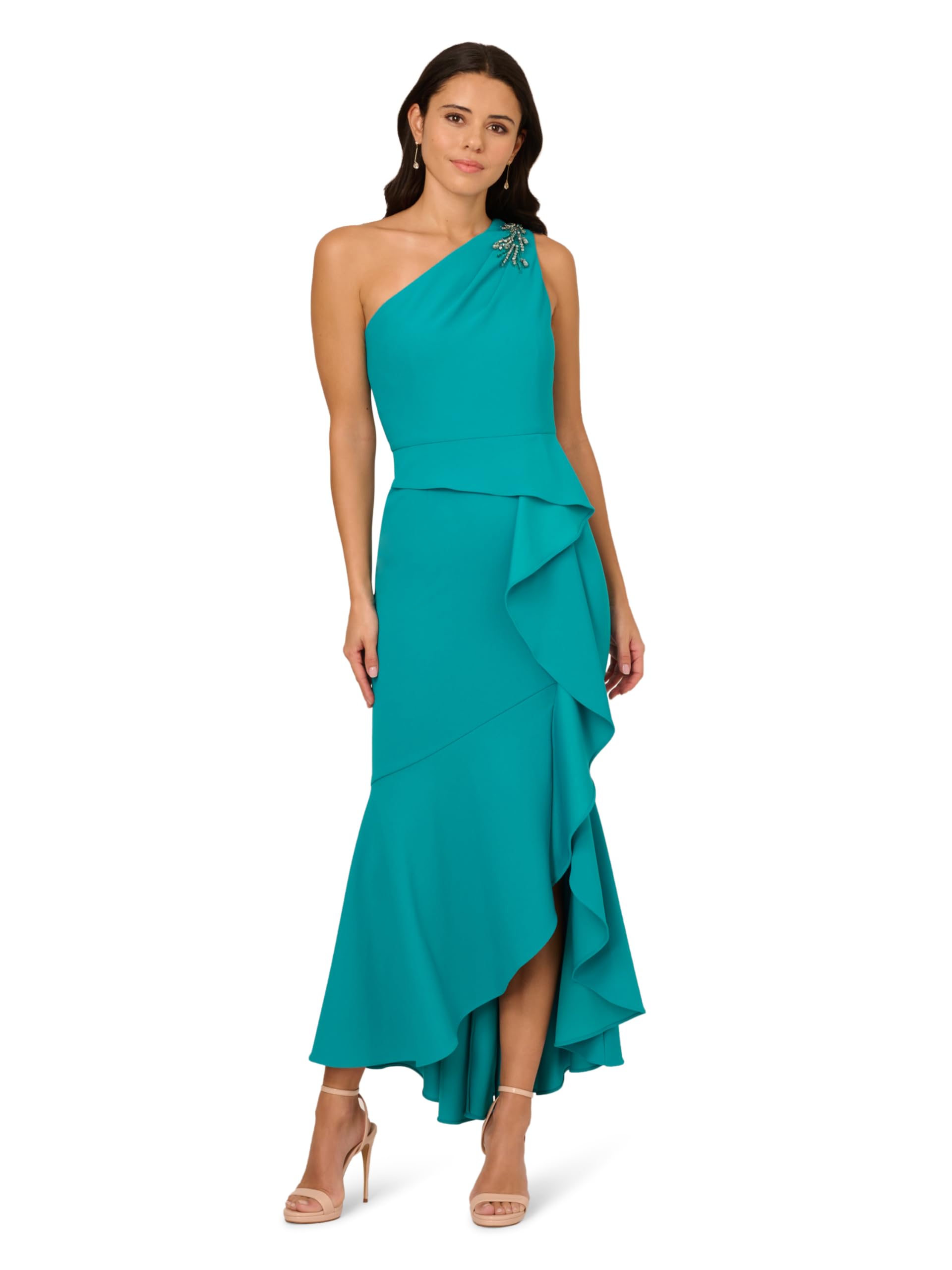 Adrianna Papell Women's Teal Lagoon Beaded Knit Crepe Gown, 20