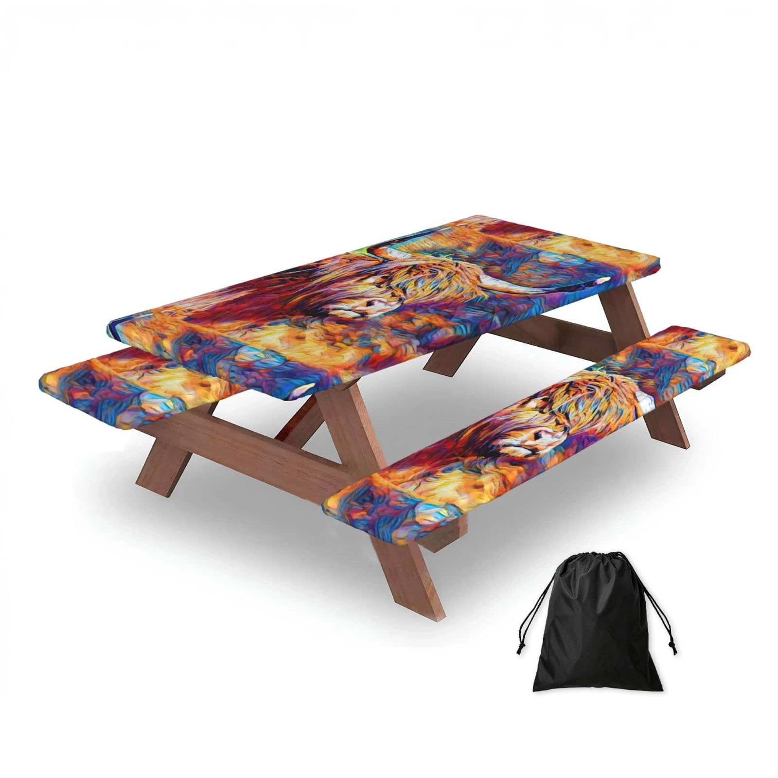 Dopklna As Picture Highland Cow Printed, Picnic Table Cover With Bench Covers -Waterproof Elastic Fitted Tablecloth For Garden Camping Patio 76X152cm