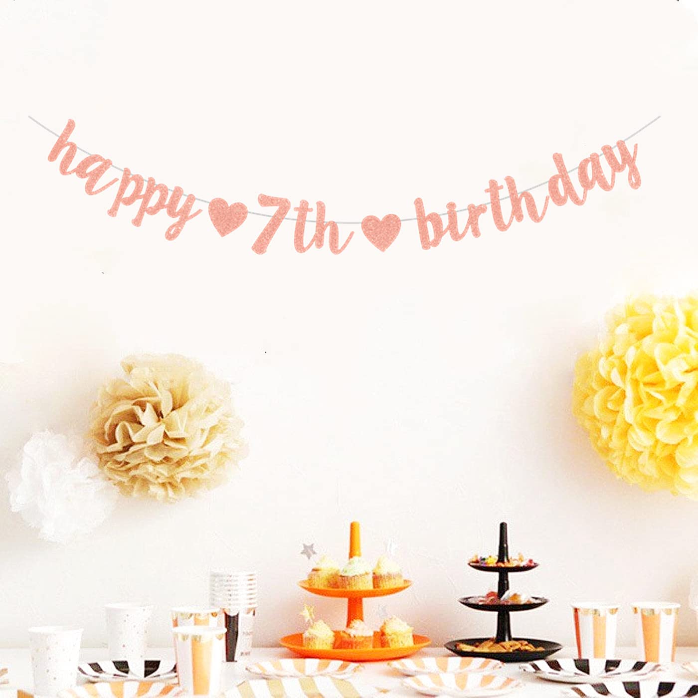 bng-bng 7th Birthday Decoration Happy 7th Birthday Banner Rose Gold For Girls Baby 7 Seven years old Birthday Party Supplies Photo Backdrop - Image 5