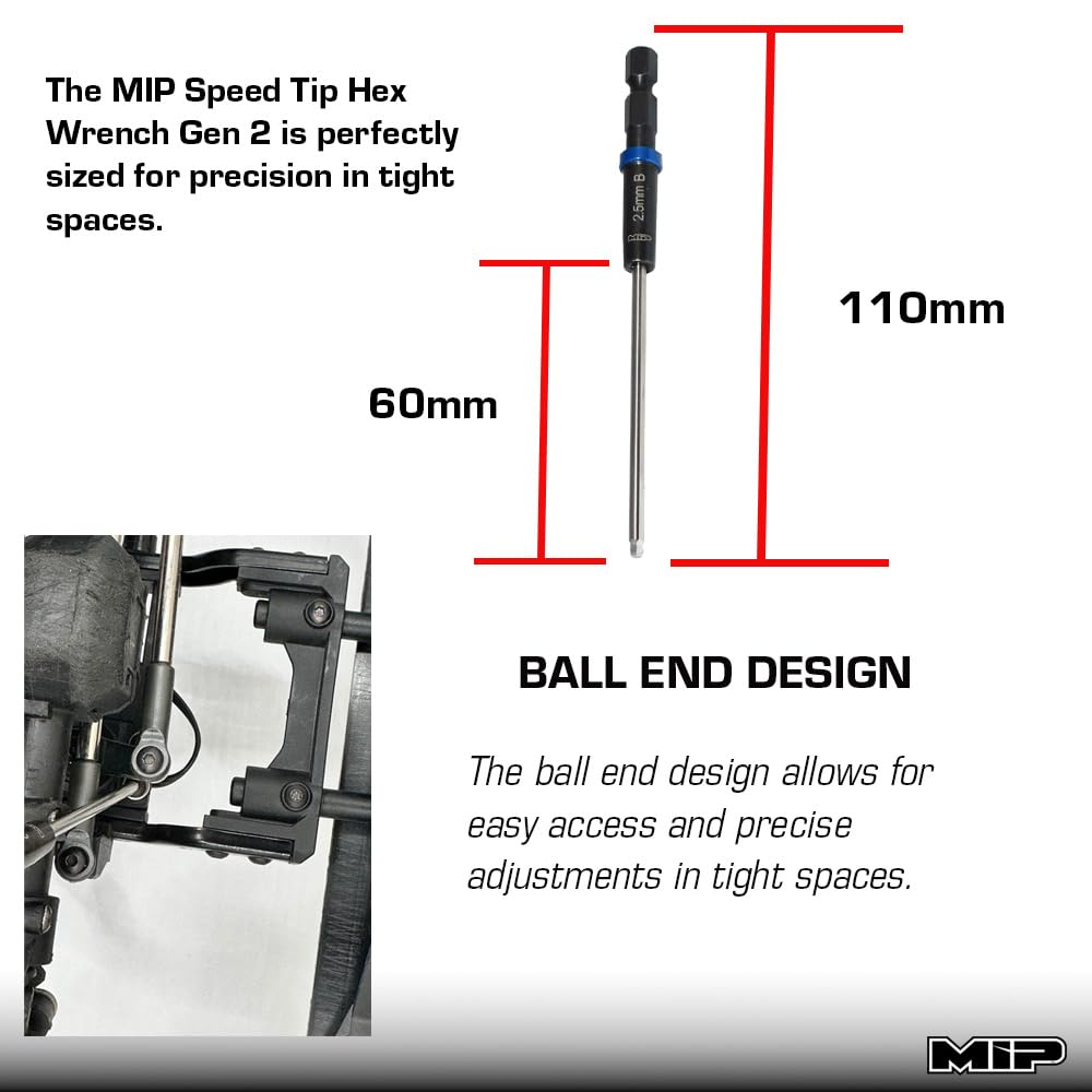 MIP Juego de extremos de bola métricos 9616 (2.0 mm, 2.5 mm, 3.0 mm) – Punta de velocidad 1/4 pulgadas hexagonal Allen Driver Bits y llaves para reparaciones de coches RC – Herramientas Gen 2 –