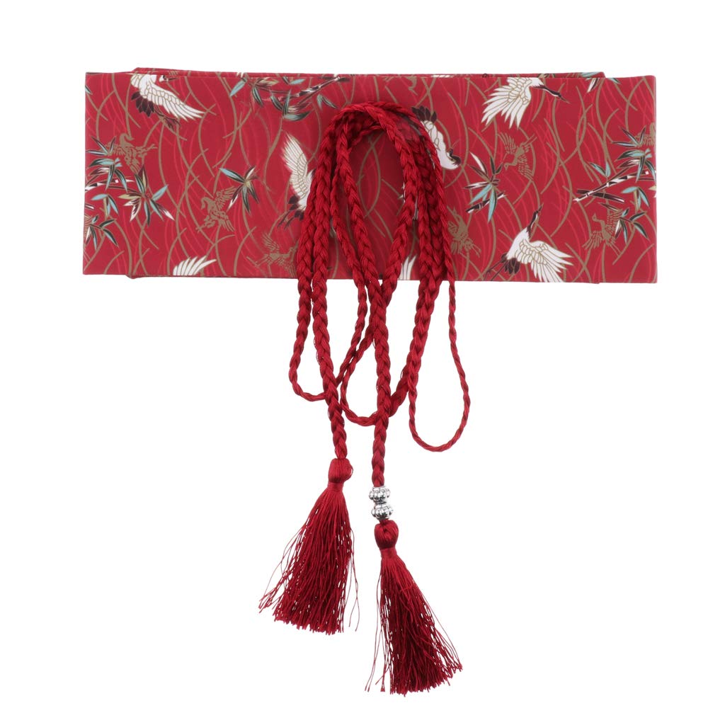 Vintage Red-Crowned Crane Waistband Obi Belt Corset Belt for Dress Red-image-9