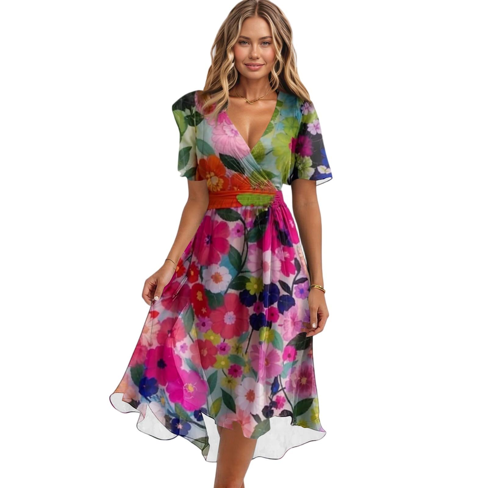 Générique Robe Femme Imprimé Abstrait Col Rond Manches Bouffantes Taille Nouée Ample Longue Décontractée pour Été Quotidien