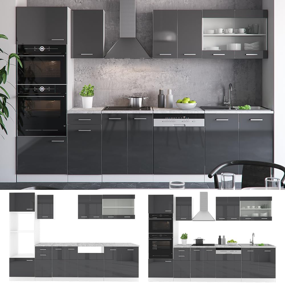 Vicco Küchenzeile R-Line, Anthrazit Hochglanz, 300 cm mit Hochschrank, ohne Arbeitsplatte, mit variabel anordenbaren Modulen und höhenverstellbaren Füßen