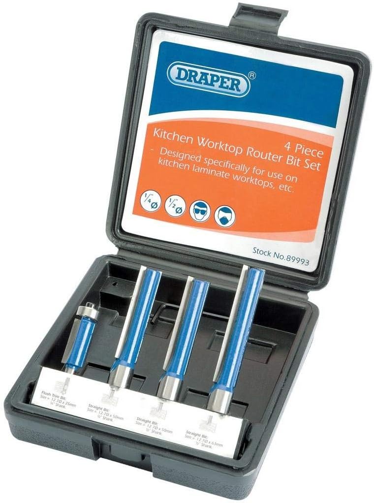 Draper 89993 4-Piece Extra-Long Kitchen Router Bit Set, Silver