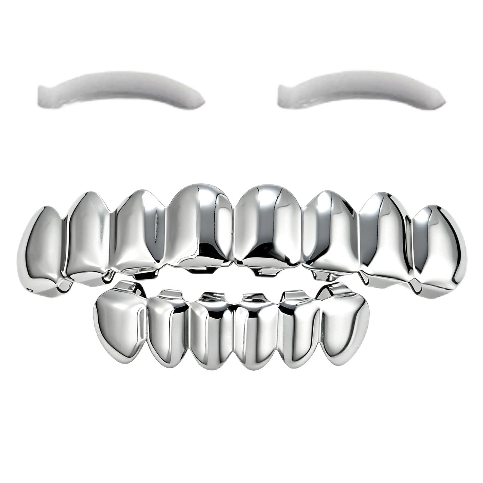 yufana Hip-Hop Mouth Fence for Men and Women, 18k Silver Plated Braces 8 Teeth, Tooth Fence for Top And Bottom, Shiny Silver Color for Clown Rapper, Halloween Role-Playing Party Gift