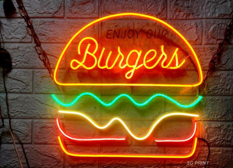 LUXURY SIGN INDIA Burger Neon Sign for Burger Shop Business, Food Neon Signs for Home, Bar, Restaurant, Food Shop, Advertising Neon Sign for Wall Decor(20X20)-image-22