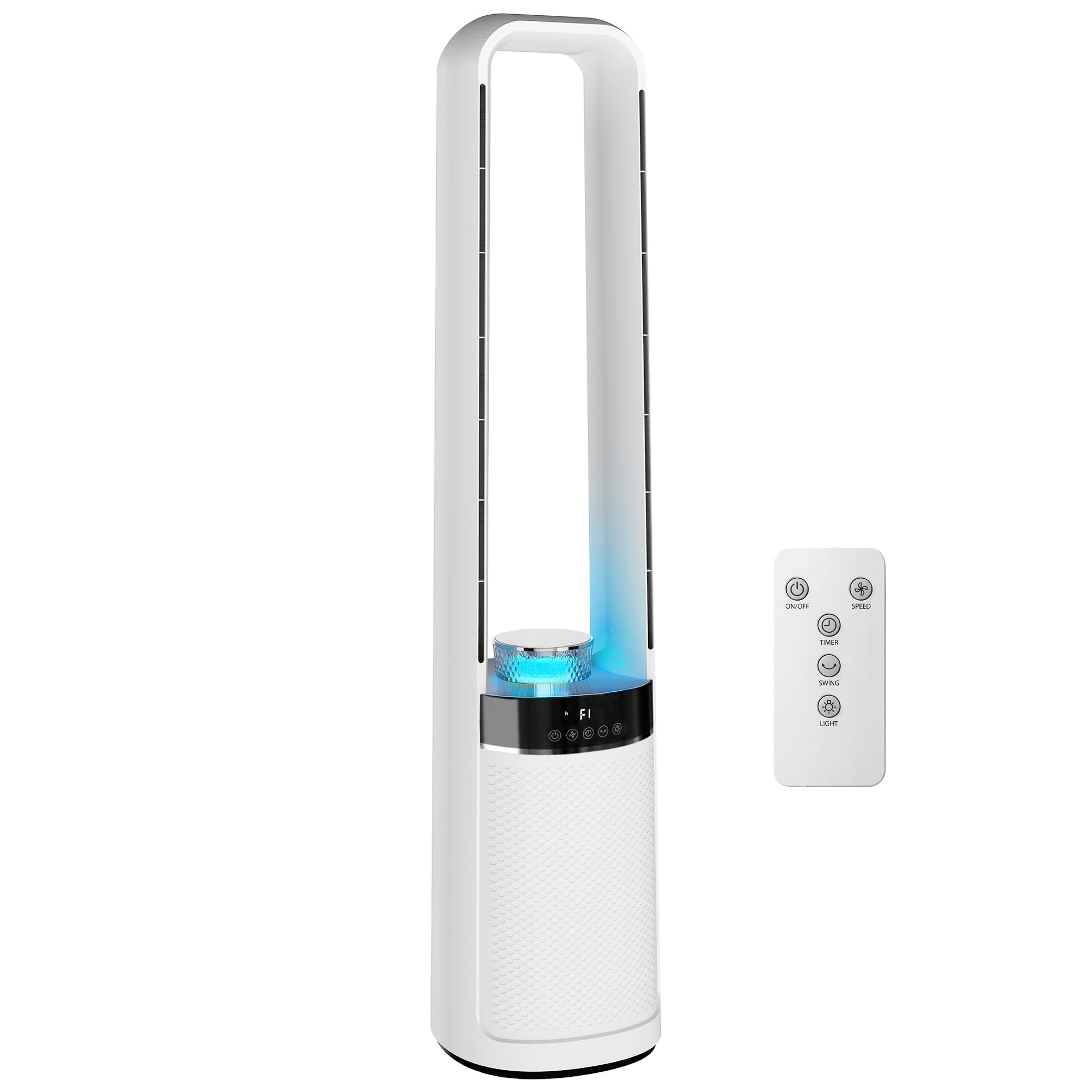 HOMCOM Ventilatore a Torre Senza Pale per Camera da Letto, 3 Velocità, Silenzioso 36dB, con Oscillazione a 45°, Luci LED, Timer 12H, Telecomando, 94 cm, Bianco