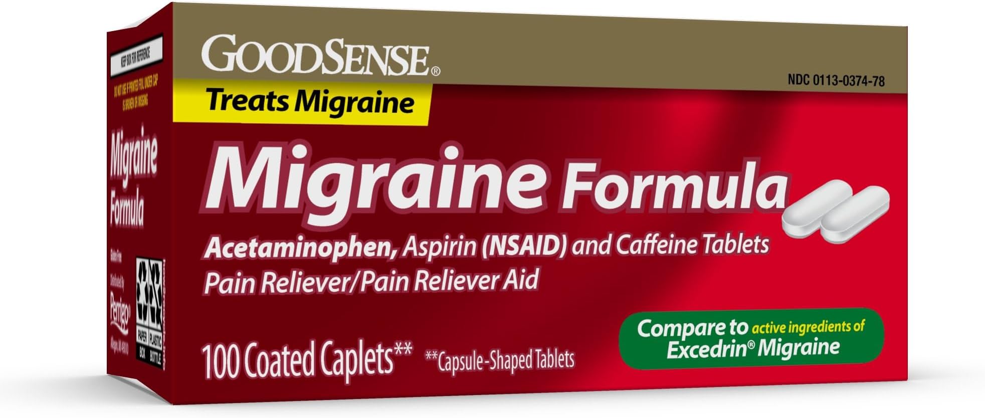 Migraine Relief, Acetaminophen, Aspirin (NSAID) and Caffeine Tablets, 100 Count