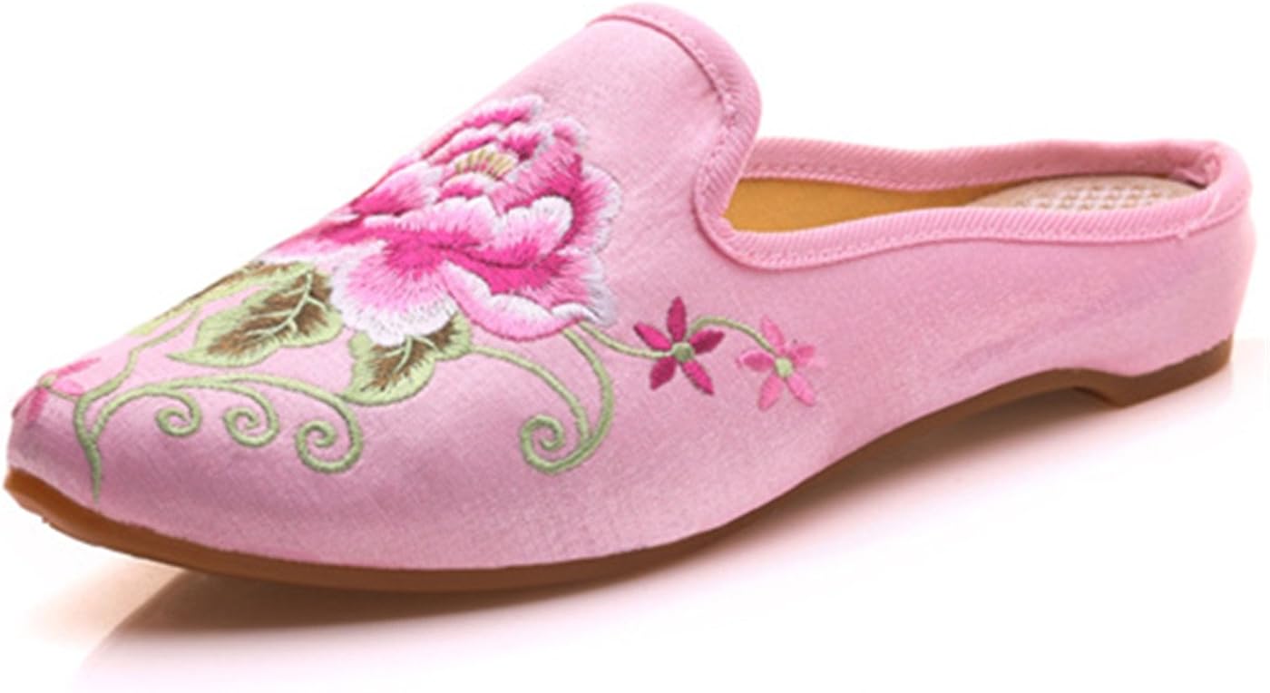 Qhome Women's Chinese Floral Peony Embroidery Pointed-Toe Comfortable Satin Casual Mules House Pumps Slippers Shoes