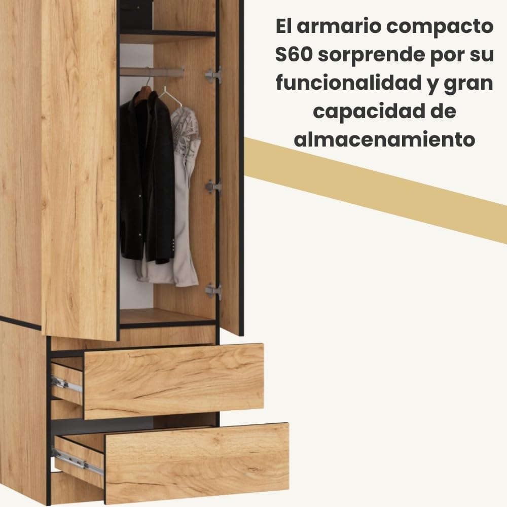 AKORD Armario S60 Roble Craft 60 cm 2 Puertas 2 cajones Frente en Color Roble Craft 1 Estante 60x51x180 cm