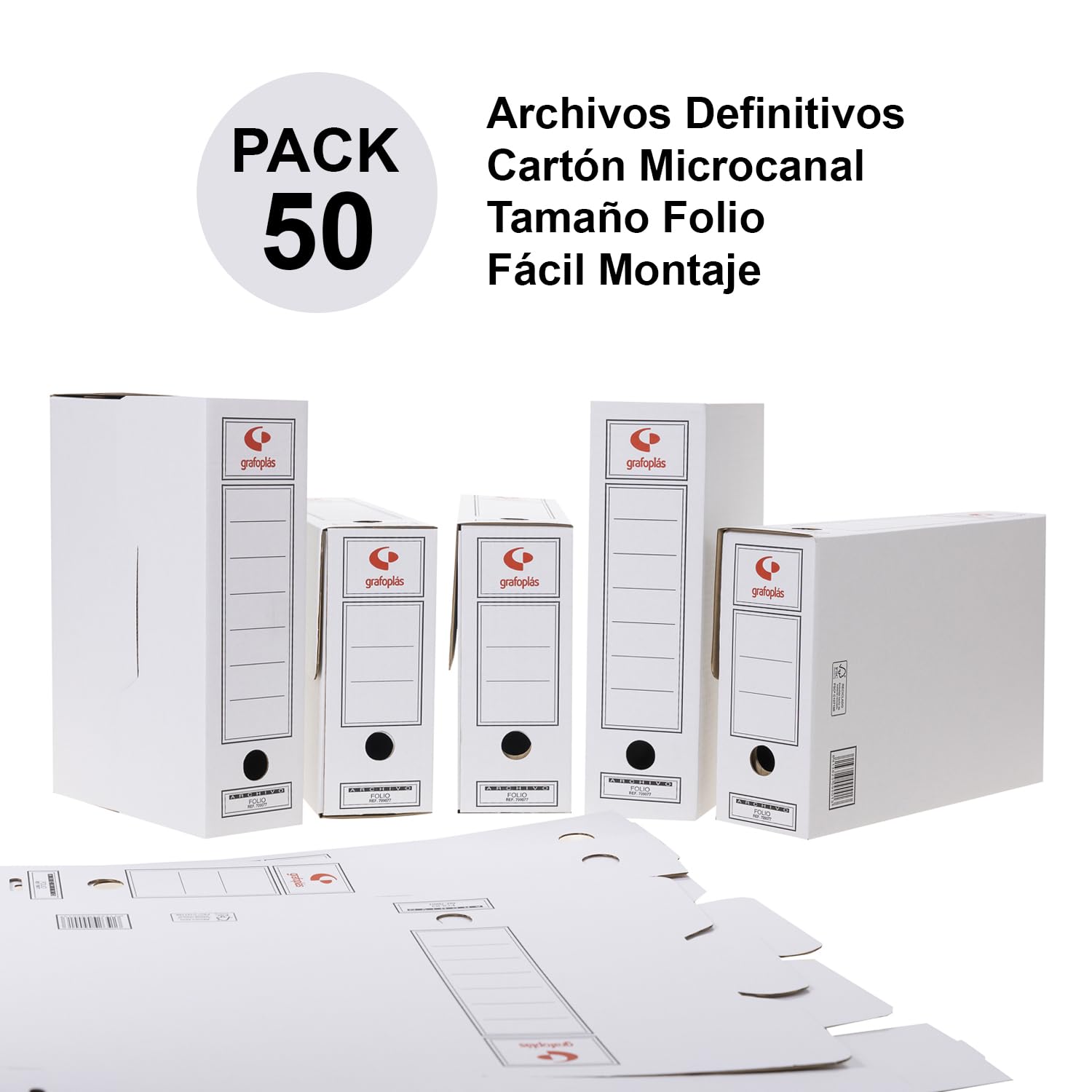 Grafoplás 70905700 Pack of 50 Cardboard File Boxes, Foolscap Size, 2 Fronts for Vertical and Landscape File, FSC Certified, 36 x 25.5 x 10 cm