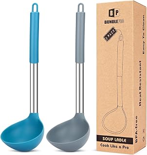 BUNDLEPRO Pack of 2 Silicone Ladle Spoons - Large Non-Stick Heat-Resistant BPA-Free Kitchen Utensils for Soup Serving (Grey-Blue)