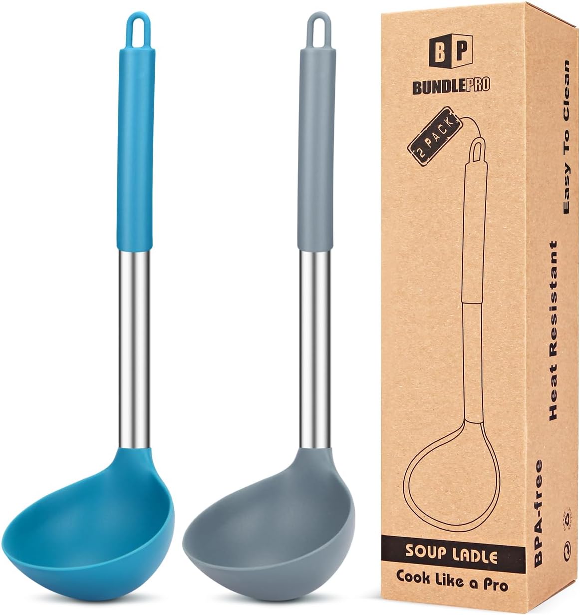 BUNDLEPRO Pack of 2 Ladle Spoon,Silicone Large Spoon for Soup,Non Stick Kitchen Utensils with High Heat Resistant,BPA Free Perfect Kitchen Tools for Cooking, Stirring,Serving Soups (GRAY BLUE)
