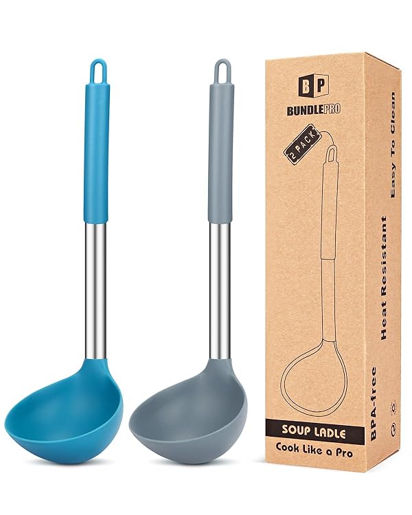 Pack of 2 Ladle Spoon,Silicone Large Spoon for Soup,Non Stick Kitchen Utensils with High Heat Resistant,BPA Free Perfect Kitchen Tools for Cooking, Stirring,Serving Soups (GREY-BLUE) by BUNDLEPRO - Used condition - US$11.71