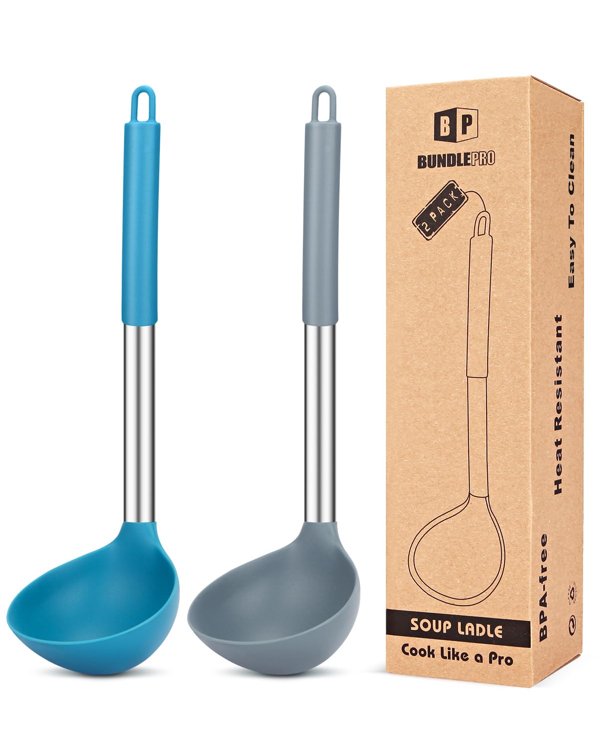 Pack of 2 Ladle Spoon,Silicone Large Spoon for Soup,Non Stick Kitchen Utensils with High Heat Resistant,BPA Free Perfect Kitchen Tools for Cooking, Stirring,Serving Soups (GREY-BLUE)