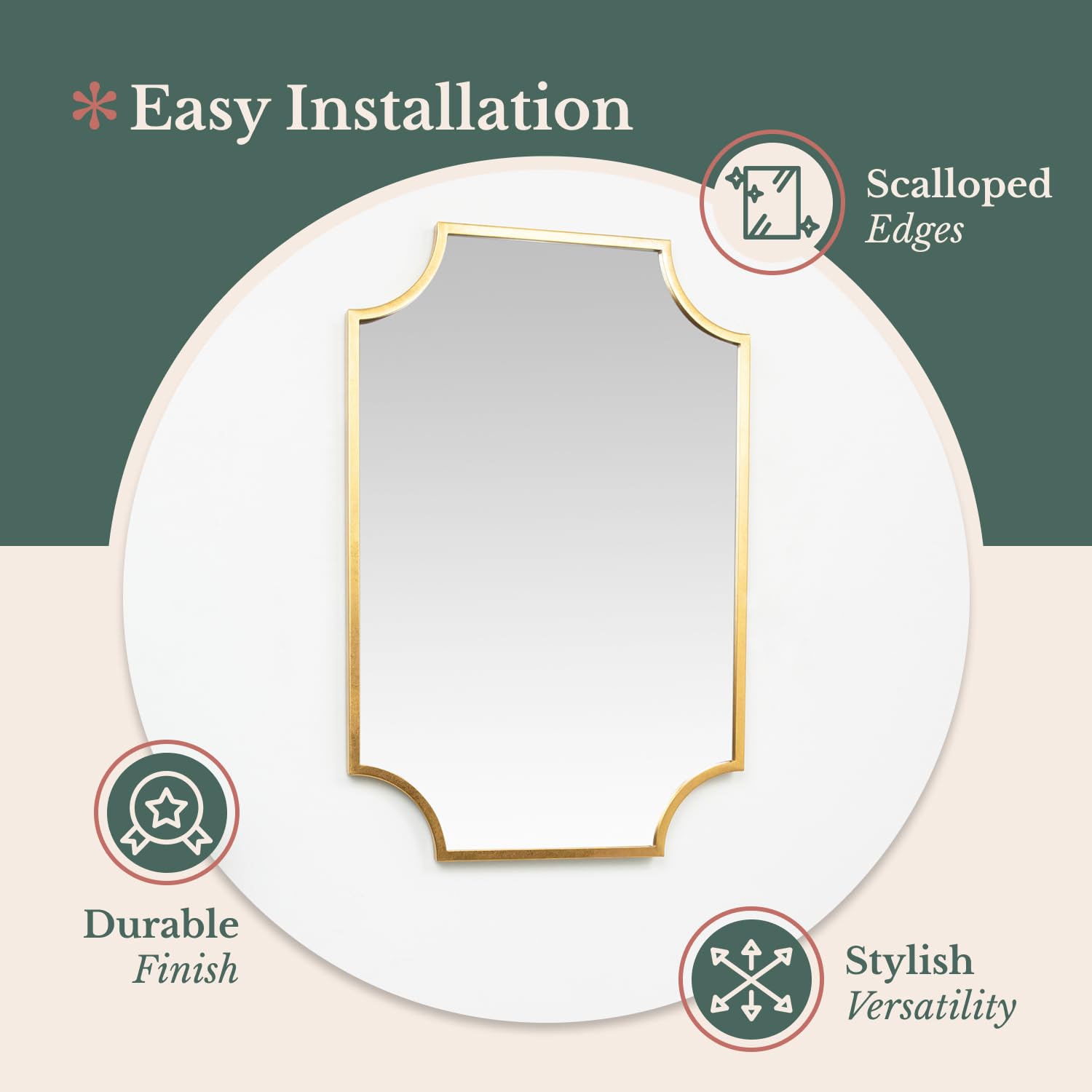 Hamilton Hills Brass Framed Vanity Mirror - Elegant 30" x 40" Scalloped Mirror Design - Luxurious Wall Bathroom Mirror for Safe, Easy Install - Horizontal/Vertical Hanging, Classic Gold Finish