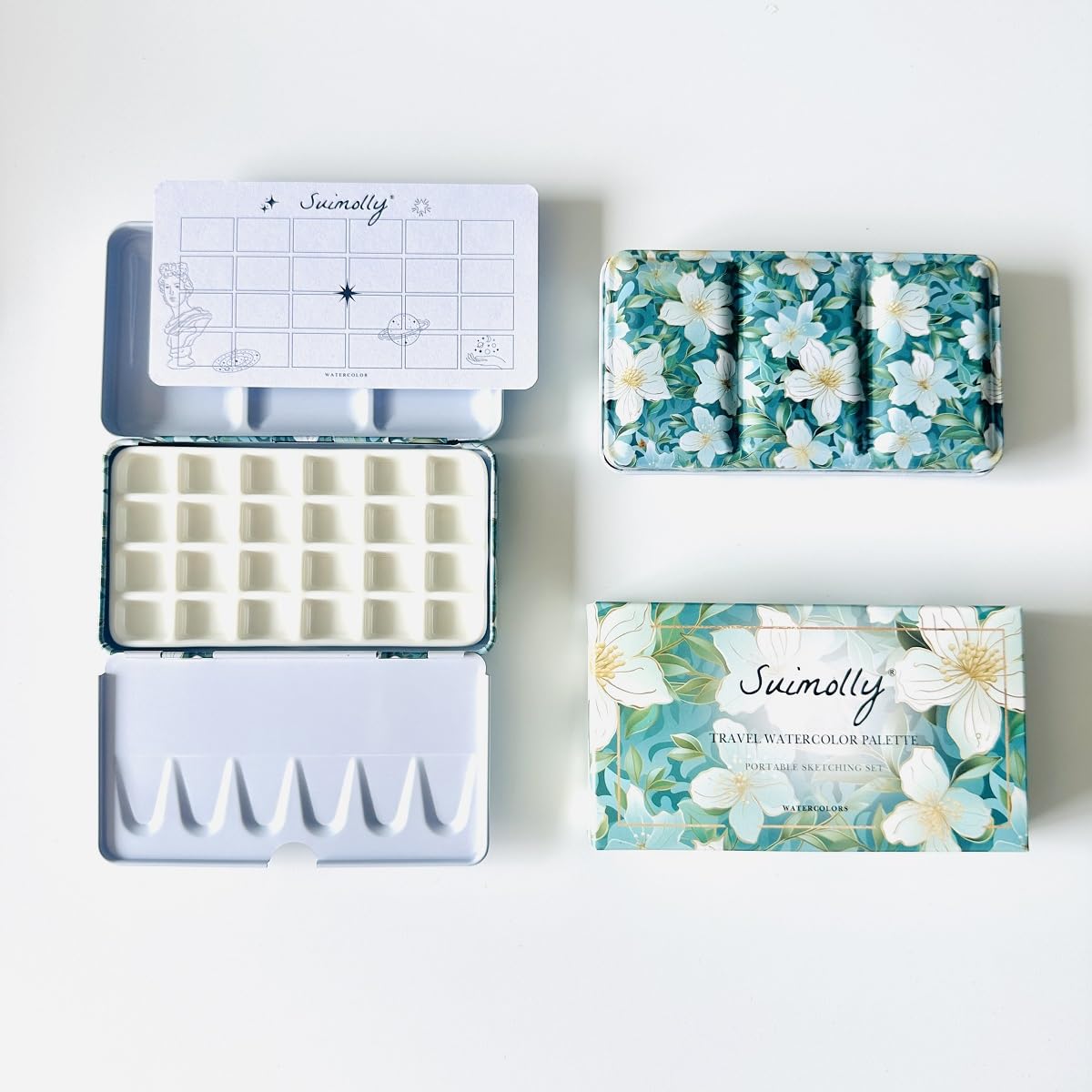 Suimolly Silver Watercolor Palette,Ceramic Palette,Portable Travel Metal Paint Boxwith Porcelain Palette,For Artists Illustrations, Drawin (24Well)