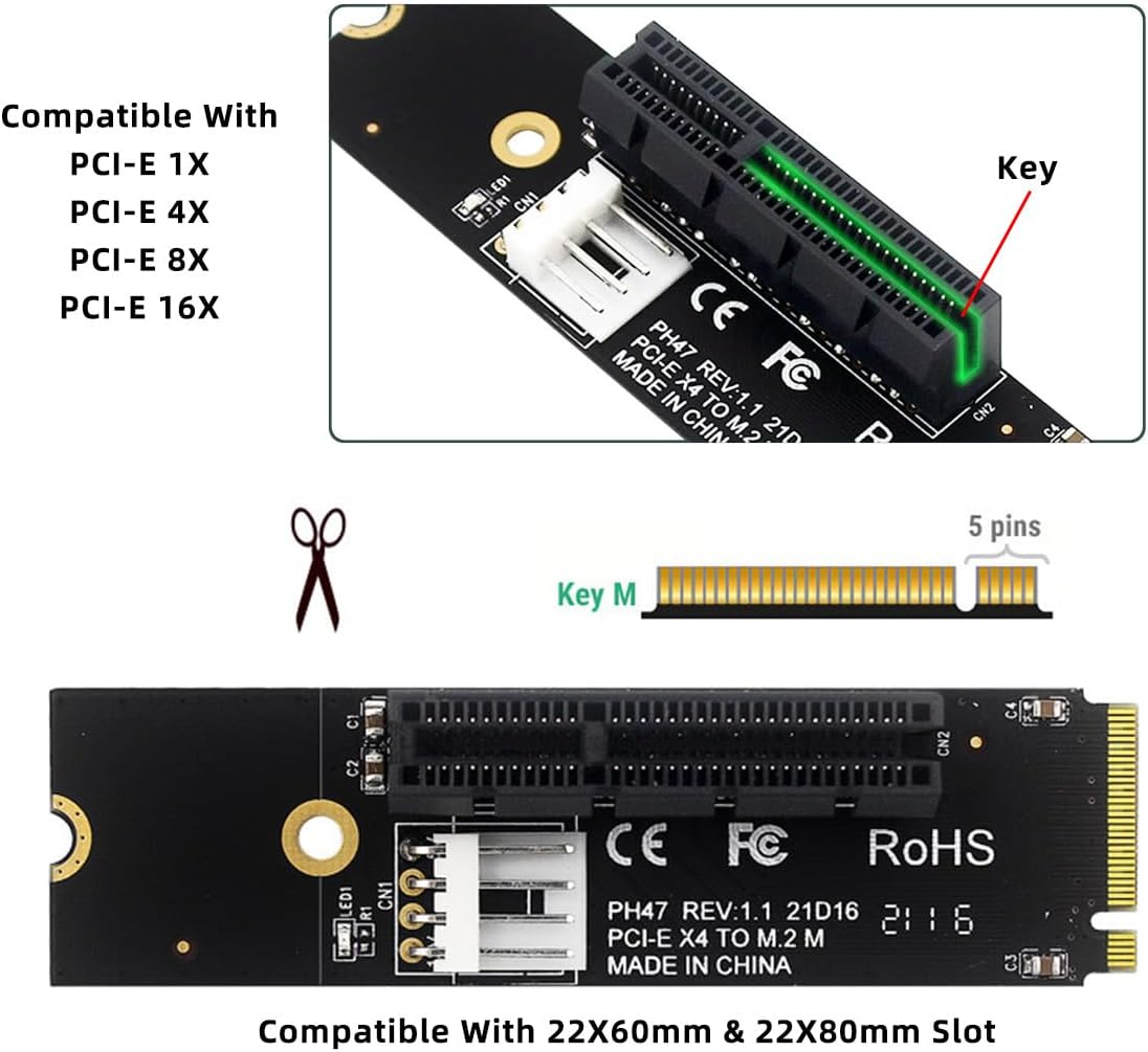 M-Key 22x80mm Extender to PCI-E X1 X4 X8 X16 Graphics Card Riser Adapter PCI-Express for M2 2260 2280
