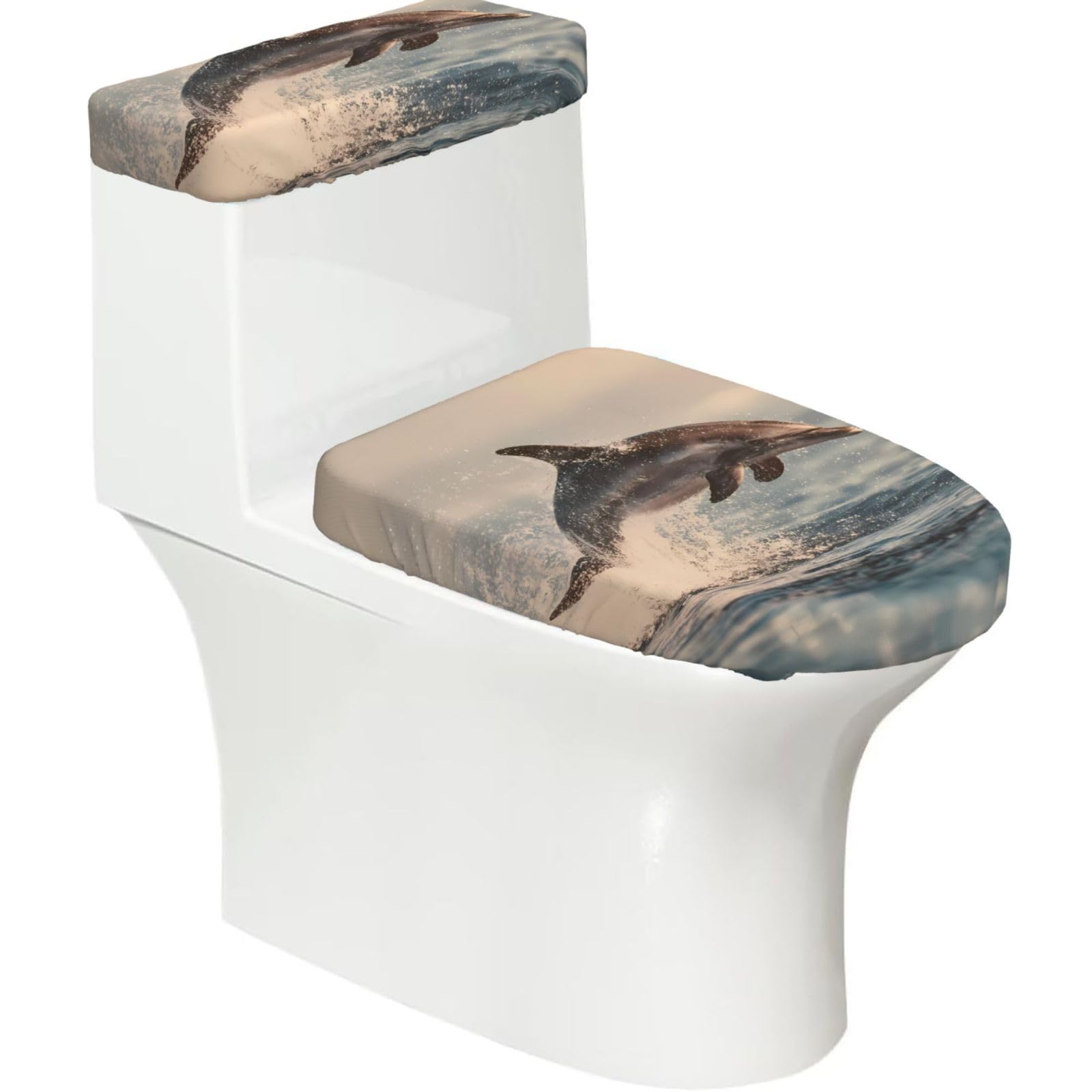 Wzycwb Black Blue Sea 2-Piece Toilet Seat Cover Set With Tank Lid, Elastic Fit For U-Shape & Elongated Toilets, Bathroom Decor, Housewarming Gift