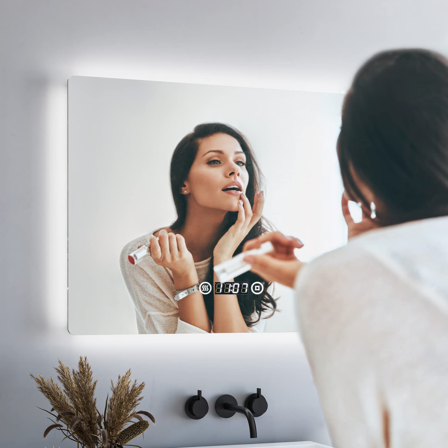 BD-Baode Bathroom Mirror with Lighting 80 x 60 cm LED Bathroom Mirror with Cold White Light Mirror Bathroom Mirror with Touch Switch Anti-Fog Digital Clock Protection Type IP 44