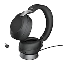 Jabra Evolve2 85 Wireless PC Headset with Charging Stand – Noise Cancelling UC Certified Stereo Headphones With Long-Lasting Battery, Tutte le piattaforme, Nero, Supporto incluso
