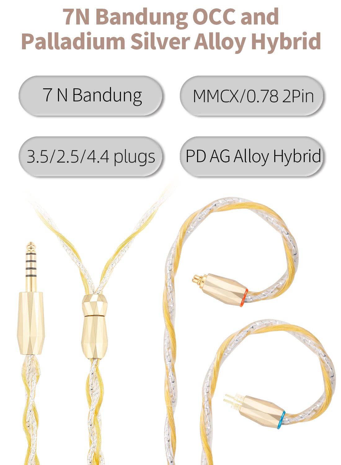 0.78mm 2-Pin 3.5mm Stereo Cable, 7N high Conductivity Copper, 6N Silver Coated OCC, 3.5mm with 2PIN, Compatible with Audeze iSINE10, iSINE20, 64 Audio U12t, U18t, Hi-Res Audio, Tangle-Free