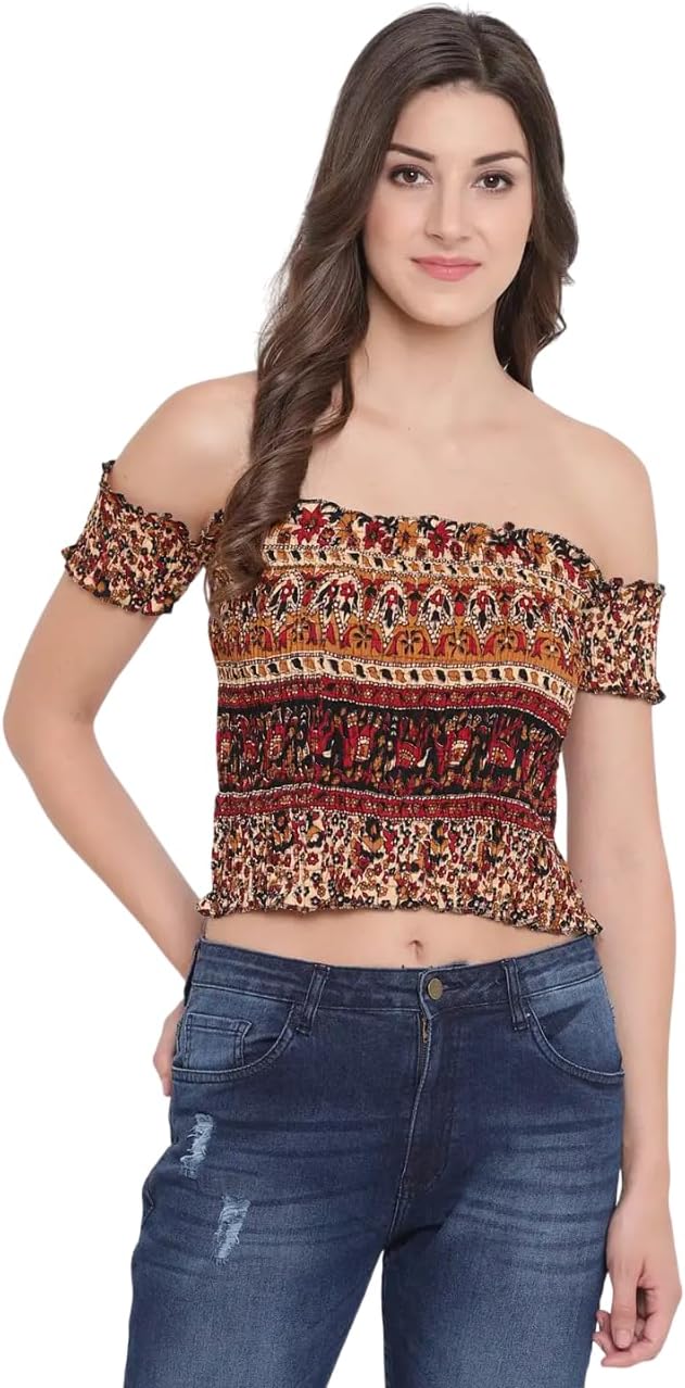Myethnikart Women's Rayon Printed Off-Shoulder Smocked Crop Top Short Sleeve Casual Styles Tank Top (Free Size) Multi7