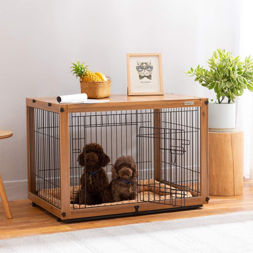 SIMPLY + Wood & Wire Dog Crate with Pet Pad Slide Tray, Pet Crate End Table, Wooden Dog Cage House, Dog Kennel Indoor Wooden Crates Bed…