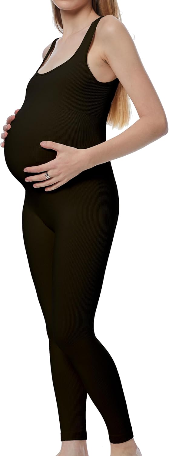 Maternity Workout Romper Pregnancy Yoga Ribbed One Piece Seamless Square Neck Leggings Jumpsuit
