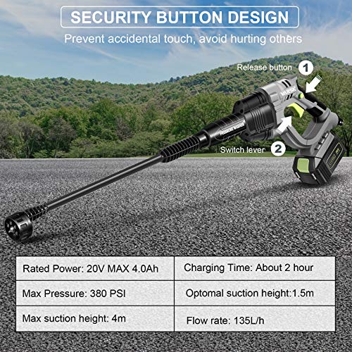 Cordless Pressure Washer, 20V 4.0Ah Max 380 PSI VARSK Portable Pressure Washer, Battery and Charger Included, Suitable for Washing Cars, Watering Flowers, Cleaning Floors, etc. VAR-910