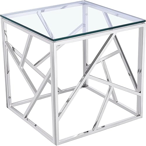 Uptown Club Calypso Collection - Sala de estar moderna con base de acero inoxidable pulido de diseño único y tapa de vidrio templado, 19.7 x 19.7