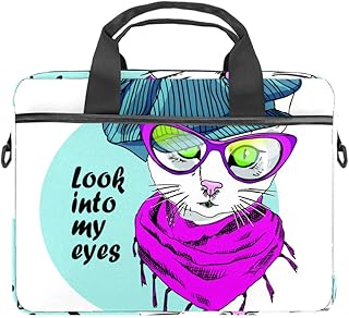 Borsa a tracolla per computer portatile, motivo: gatto con sciarpa in vetro e cappello, con manico da 15,4 cm