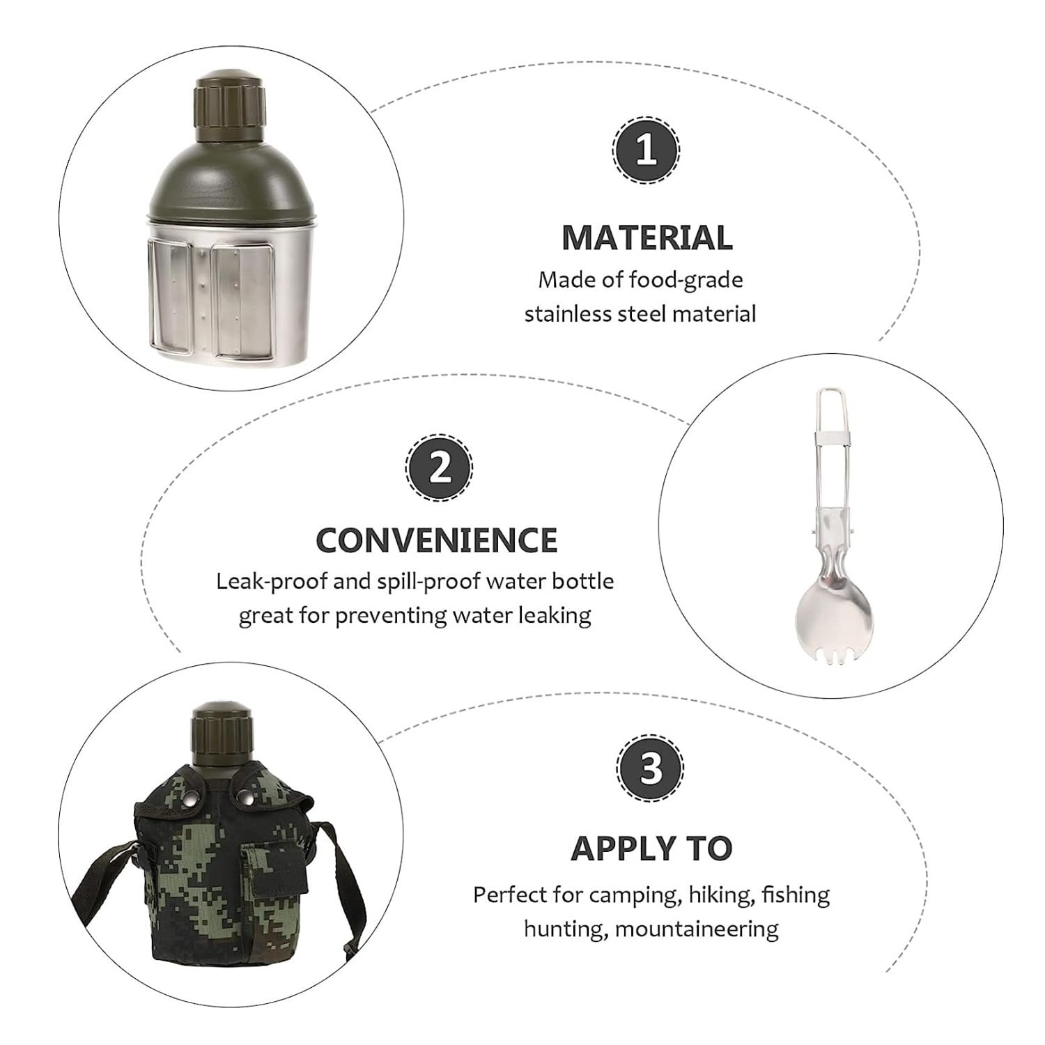 Bouteille d'eau Bouilloire de Camping Bouilloire extérieure Bouilloire de pêche Portable adaptée à la randonnée randonnée Bouteille d'eau en Acier Inoxydable Gourde