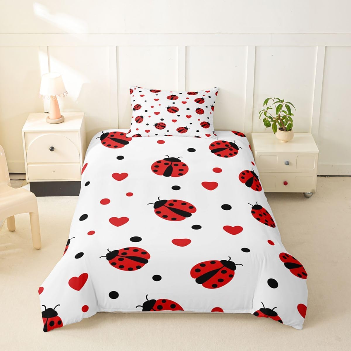 Erosebridal Red Ladybug Toddler Bedding Set Cartoon Ladybugs Duvet Cover Cute Ladybird Reptile Animals Comforter Cover for Kids Girls Boys Adults Red Black Heart Polka Dot Bed Set