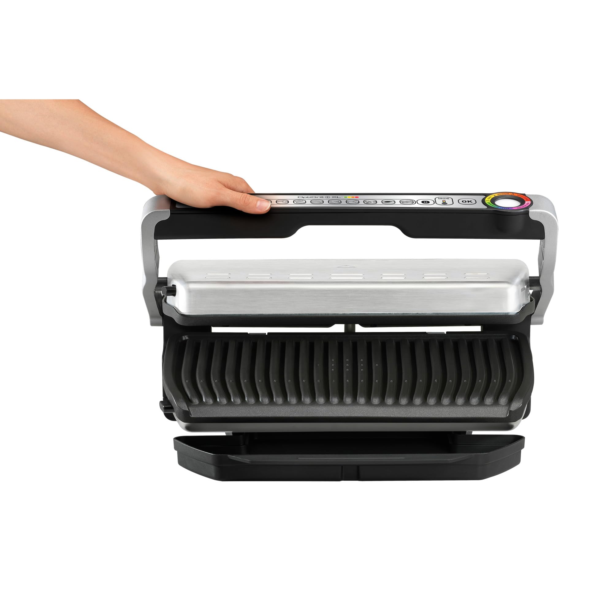 Tefal OptiGrill+ XL | Barbacoa de contacto con ajuste automático de temperatura | 9 programas automáticos | superficie de parrilla XL | Incluye bandeja para hornear | GC724D12
