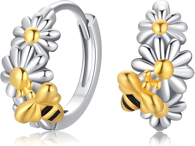 Daisy Earrings, Hypoallergenic 925 Sterling Silver Bee/Butterfly with Small Daisy Flower Hoop Earrings Gift for Women Teens Mom