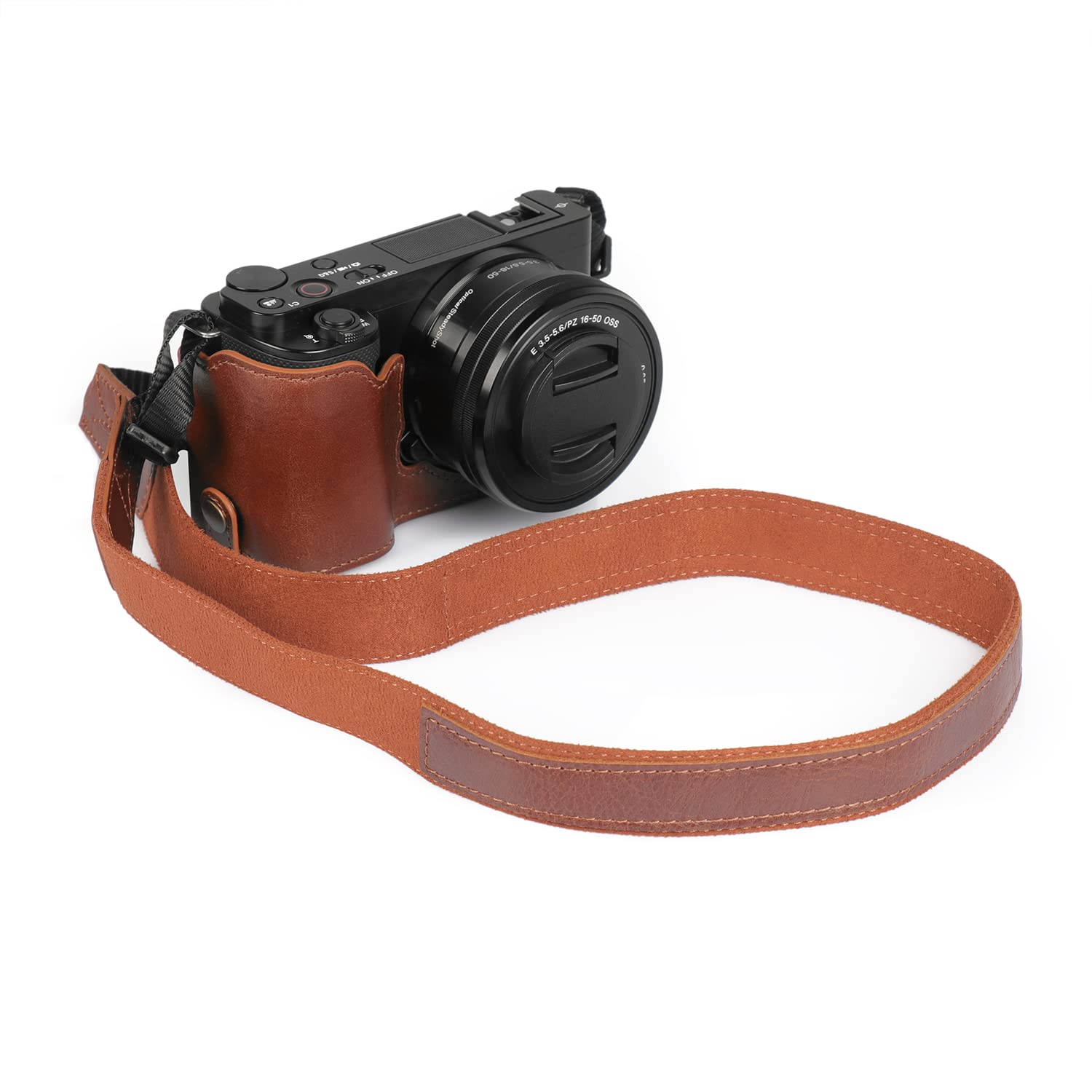 MegaGear MG2014 Ever Ready Genuine Leather Camera Half Case Compatible with Sony ZV-E10 (Brown), 13 x 5 x 6.5 cm