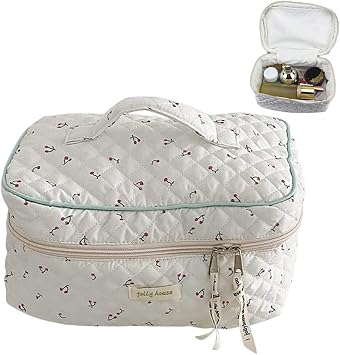 Aesthetic Kawaii Cute Cosmetic Bag Travel Cotton Makeup Organizer with Handle Toiletry Pouch for Women Teen Girls White Cherry