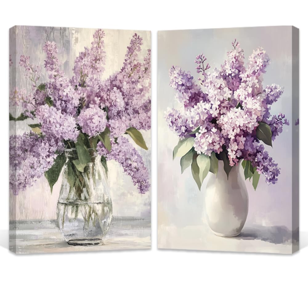LMYSXAOZ Lilacs Wall Art for Bathroom Set 2 Purple Floral Canvas Farmhouse Flower Paintings Living Room Decor Framed(Purple,16.00"x24.00"x2P)