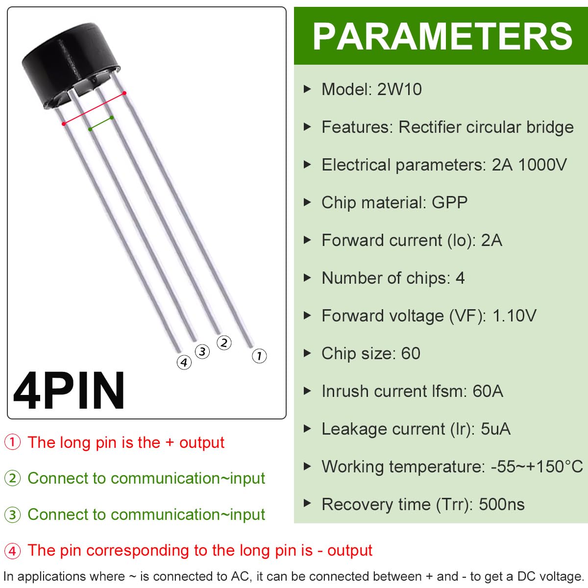 2W10 Bridge Rectifier Diodes 2A Single Phase Round 1000V Full Wave Electronic Silicon Diodes DIP Direct Plug 4 Pin for Arduino(Pack of 50 Pcs)