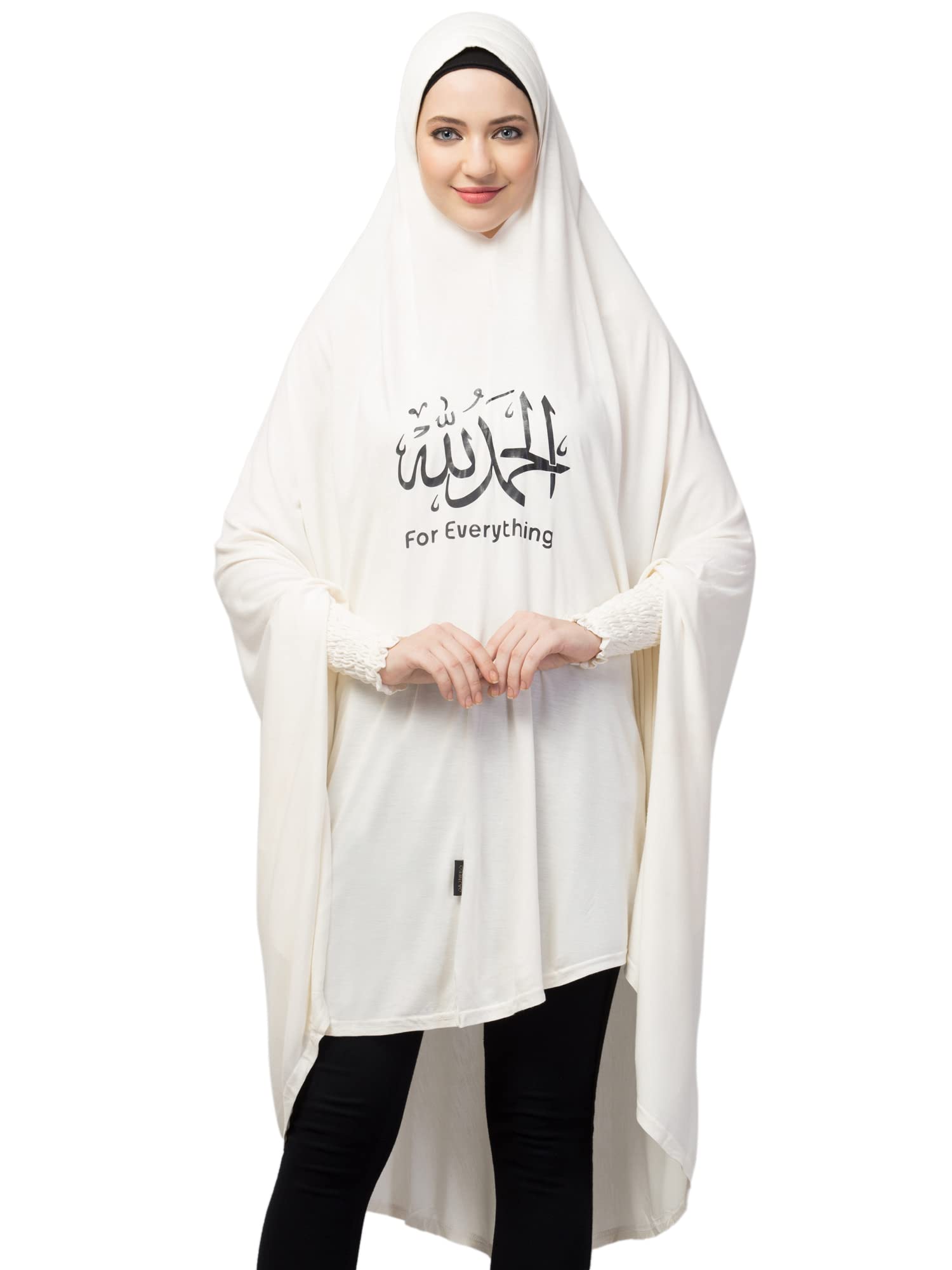 Islamic Calligraphy printed stretchable Jersey smoking at sleeve Jilbab cum prayer khimar Hijab-image-22