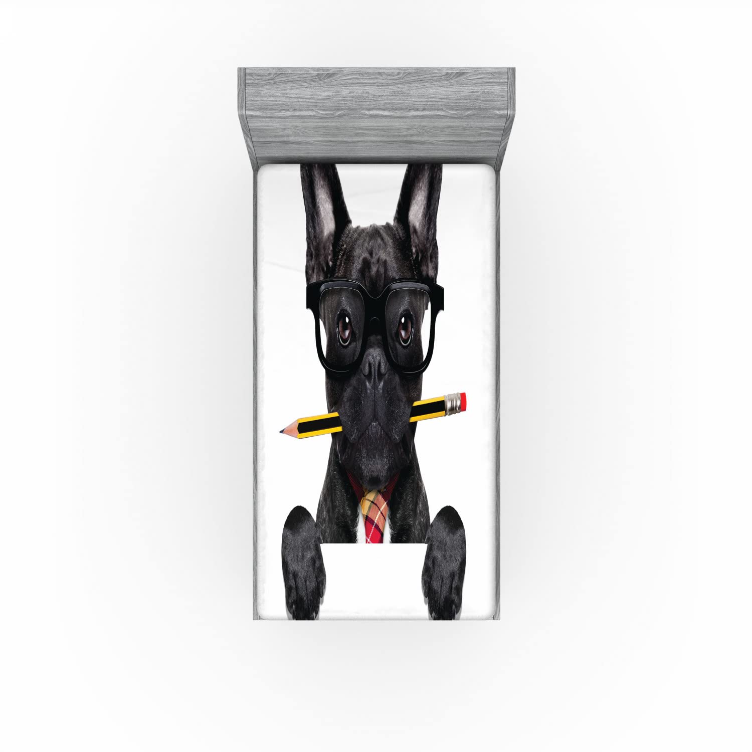 Ambesonne Bulldog 2 Pack Fitted Sheet, Businessman Dog Glasses, Bed Cover All-Round Elastic Deep Pockets 2 Pieces, Package Contains 2 Twin Size Fitted Sheets, Charcoal White