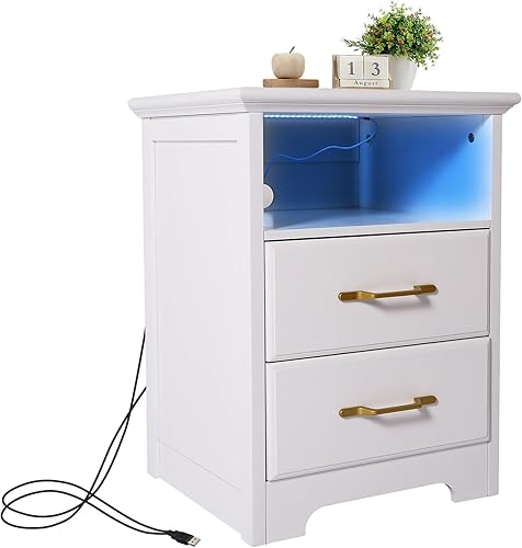 Miniatura 3 de Mesita de noche LED blanca con estación de carga y luces LED, mesita de noche con 2 cajones, mesitas de noche de madera con puerto USB para oficina