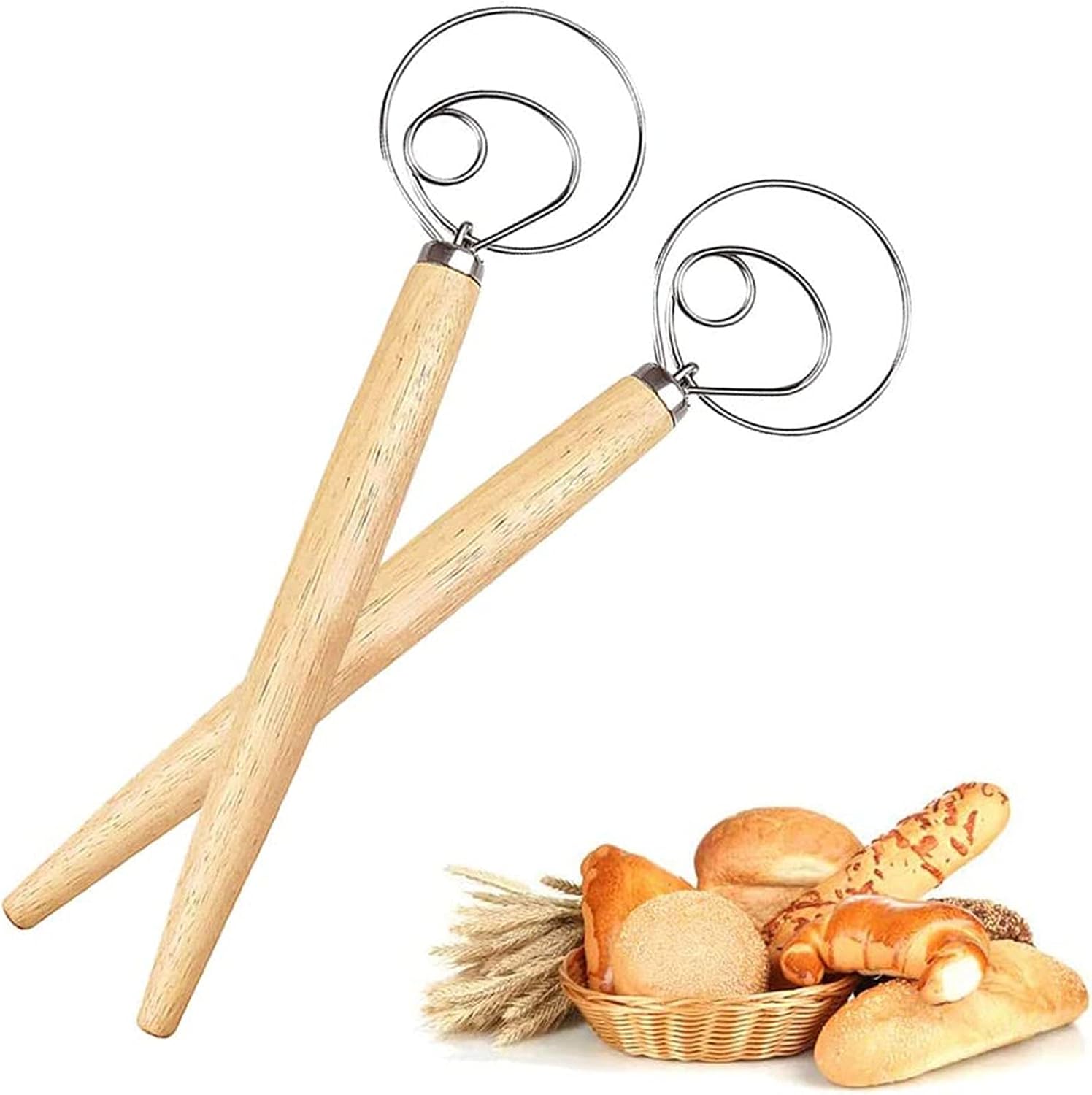 2 Pcs Danish Dough Whisk Large Stainless Steel Dutch Dough Whisk for Baking Cake, Bread Making, Pizza, Pastry, Dessert