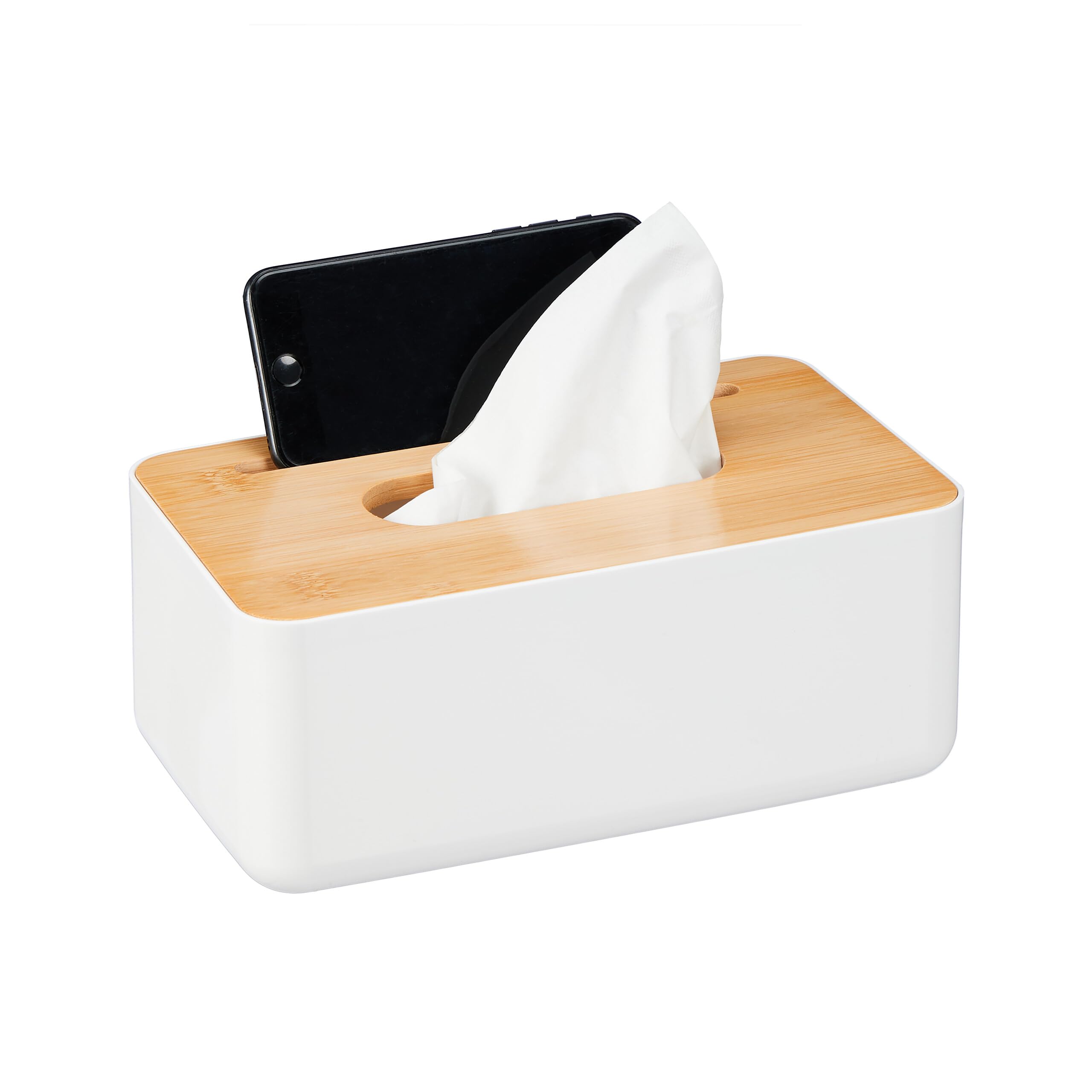 Relaxdays Tissue Box, Bamboo Lid, with Mobile Holder, Bathroom Paper Dispenser, HxWxD: 10 x 23 x 13 cm, White/Natural