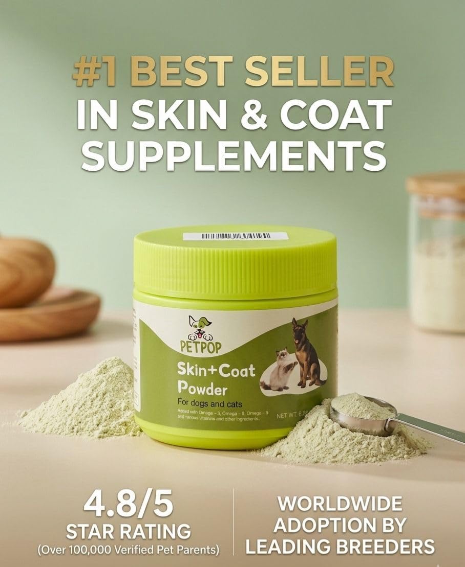 PETPOP Skin & Coat Support Powder for Dogs & Cats 6.36 oz, Chicken Flavor, Omega 3 6 9 with Biotin & Vitamin C, Easy Mix Supplement for Healthy Skin & Shiny Coat.