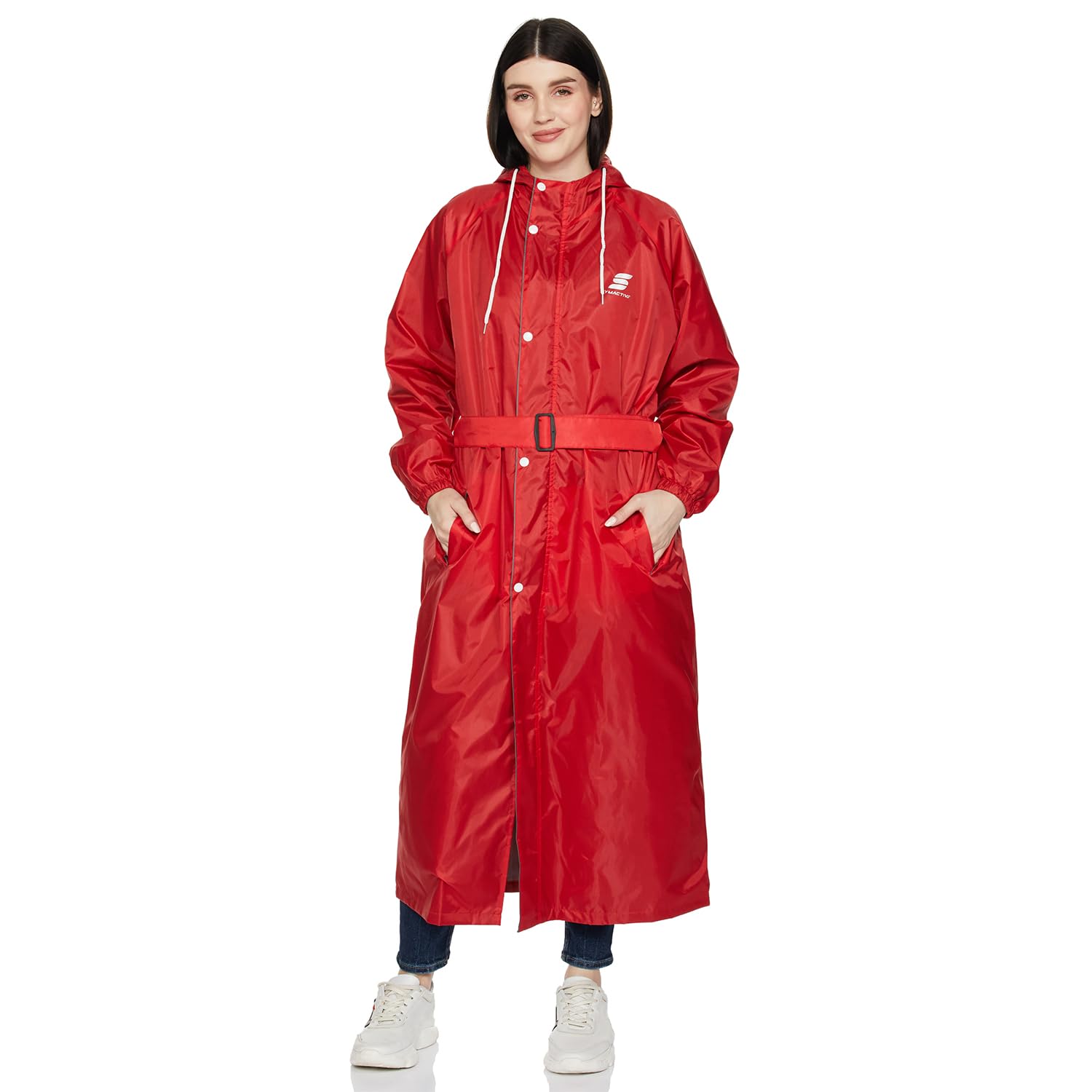 Amazon Brand – Symactive Polyester Long Raincoat with Hood & Waist Belt for Women | Double Layered Waterproof | Seam-Sealed, High Neck | Size M | Red
