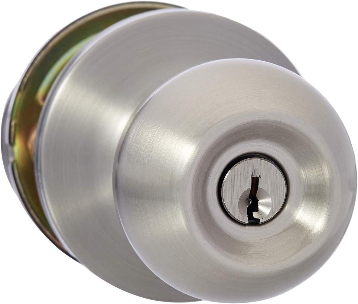 Amazon Basics Exterior Door Knob With Lock, Standard Ball, Satin Nickel, Door Knobs Amazon Canada
