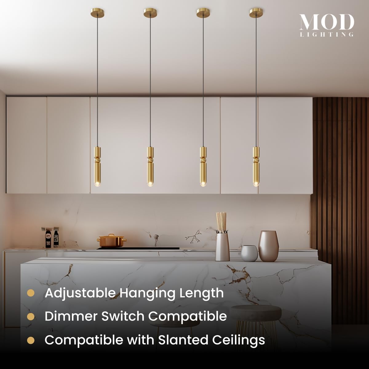 MOD LIGHTING Jetta | Modern Gold Pendant Light Fixtures, Ambient Hanging Lights for Kitchen Island, Small Bedroom Lighting, Dimmable LED Bulbs Included, 1 Pack (Gold | 60" | Warm White)