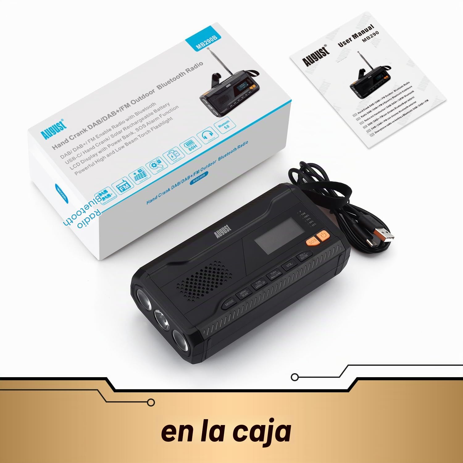 August MB290B Radio Emergencia de Cuerda con Bluetooth Camping o Pesca Recargable Banco de Energía Solar 4500mAh Portátil Dab/FM Radio, Bluetooth 5.0, 3.5mm - Manivela 3 Brillo Linterna - Negro